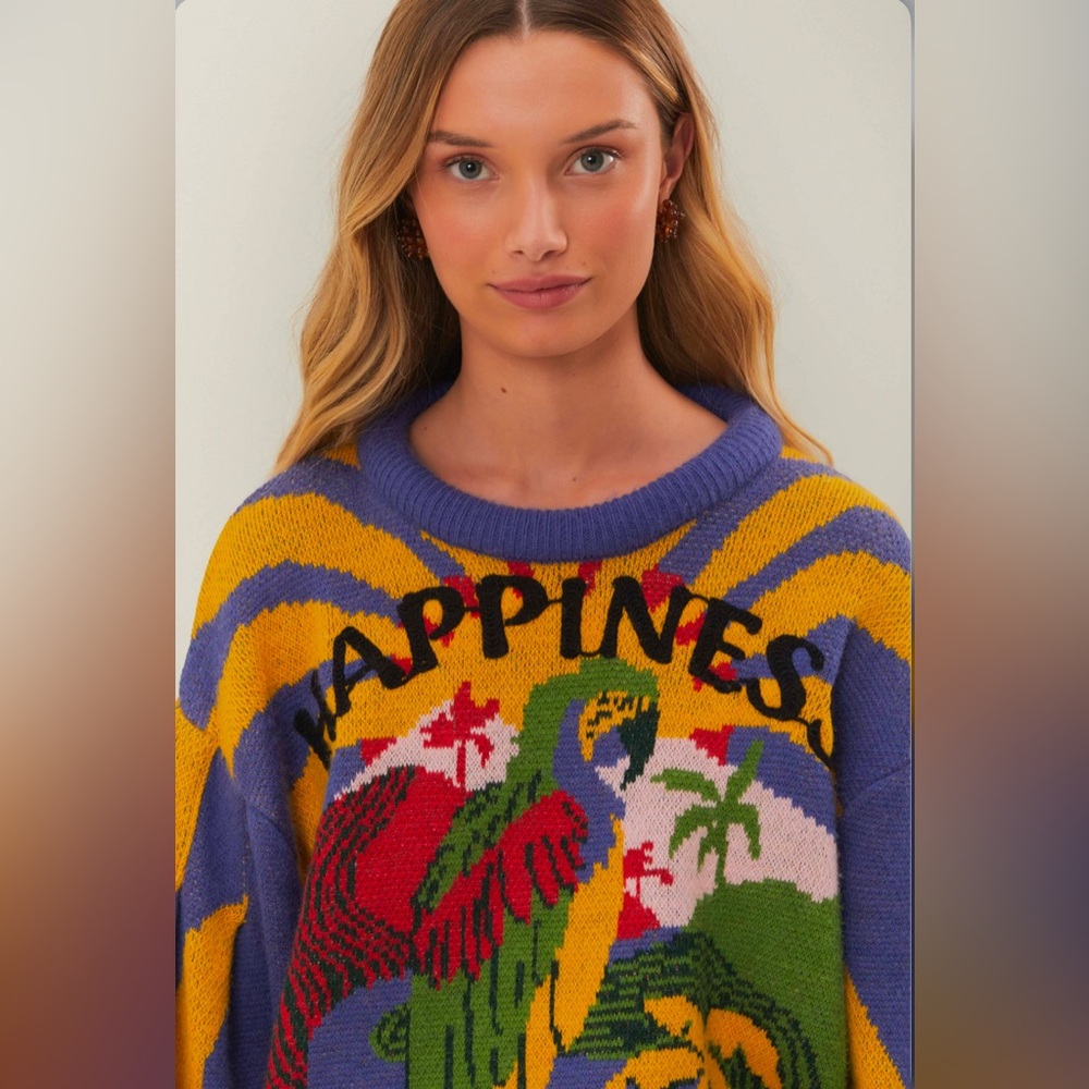 FARM Rio Multicolor Parrot 'Happiness' Knit Sweater - Purple, Yellow, Green, Red - Picture 4 of 9
